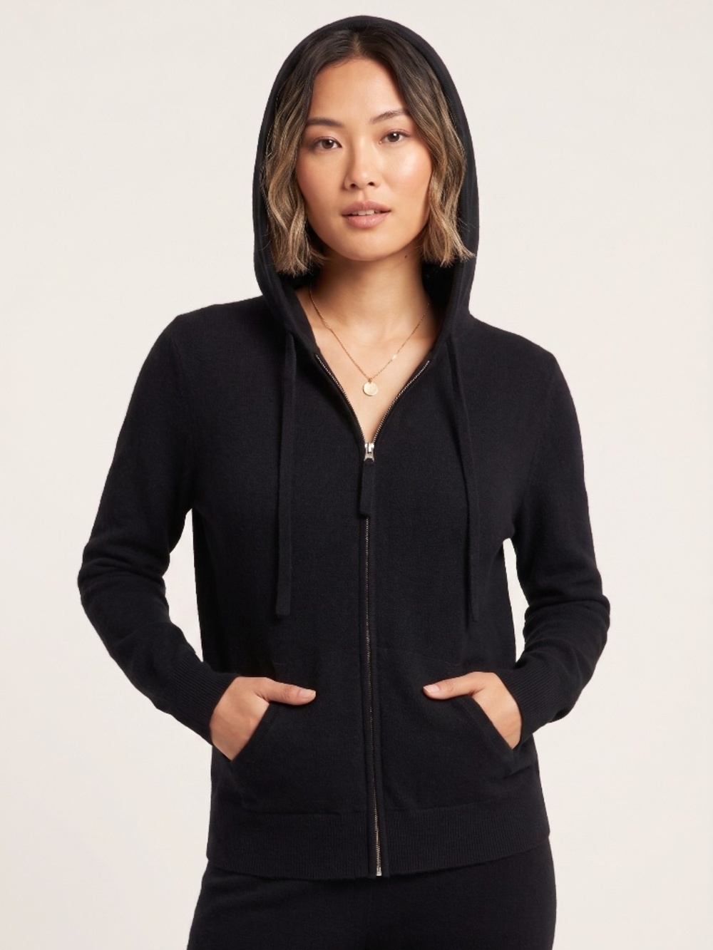 AQUA 100% Cashmere Full Zip Hoodie Sweater Black Size Medium